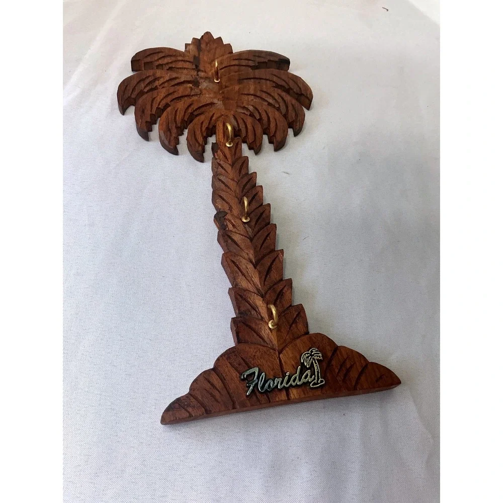 Vintage Florida Souvenir Hand Carved Wood Palm Tree Key Rack Wall Decor 12 Inch